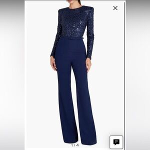 new Nadine Merabi Misha Belted Long Sleeve Flare Jumpsuit dark navy blue